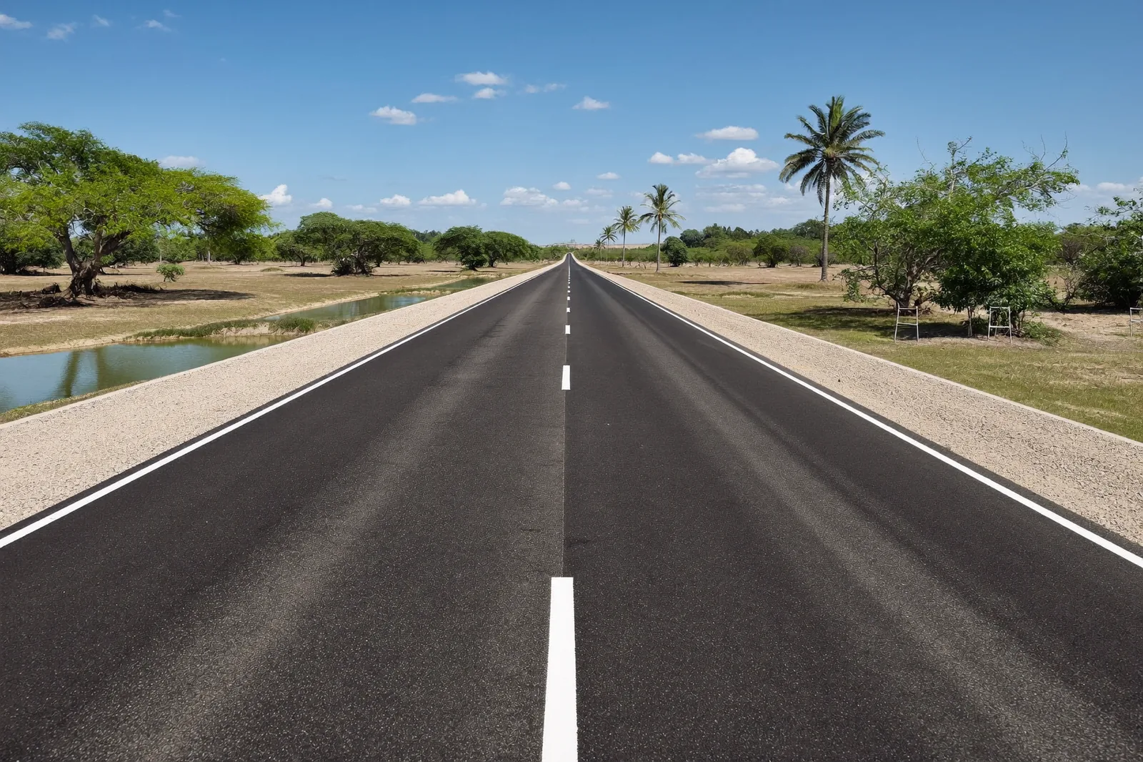 Newly sealed district road running straight past an oshana, with white road markings and gravel shoulders.